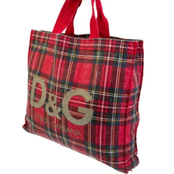 DOLCE & GABBANA D&G Logo Authentic Red Felt Tartan Plaid Tote Hand Bag - Picture 7 of 7